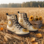 Joni Leather Boots in a golden wheat field at sunset next to a wooden crate of cut sunflowers, earth-tone mandala print and a lugged gum-brown sole