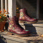 Paisley Leather Boots — on weathered porch steps in low sun beside potted marigolds and a small woven rug, gold beading and teal paisley over burgundy, gum-brown lugs underneath