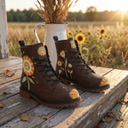 Sunny Leather Boots — on weathered decking at sunset in front of a sunflower field and an enamel pitcher of wheat, sage stems and gold blooms on dark brown above gum-brown tread