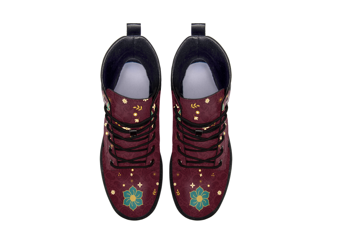 Paisley Leather Boots pair, top-down view showing the toe artwork, white background