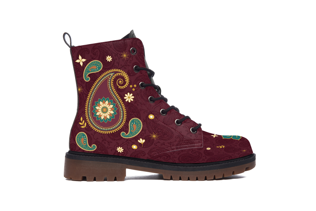 Paisley Leather Boots outer side of the left boot: teal and gold paisley motifs with small flowers on burgundy leather, white background
