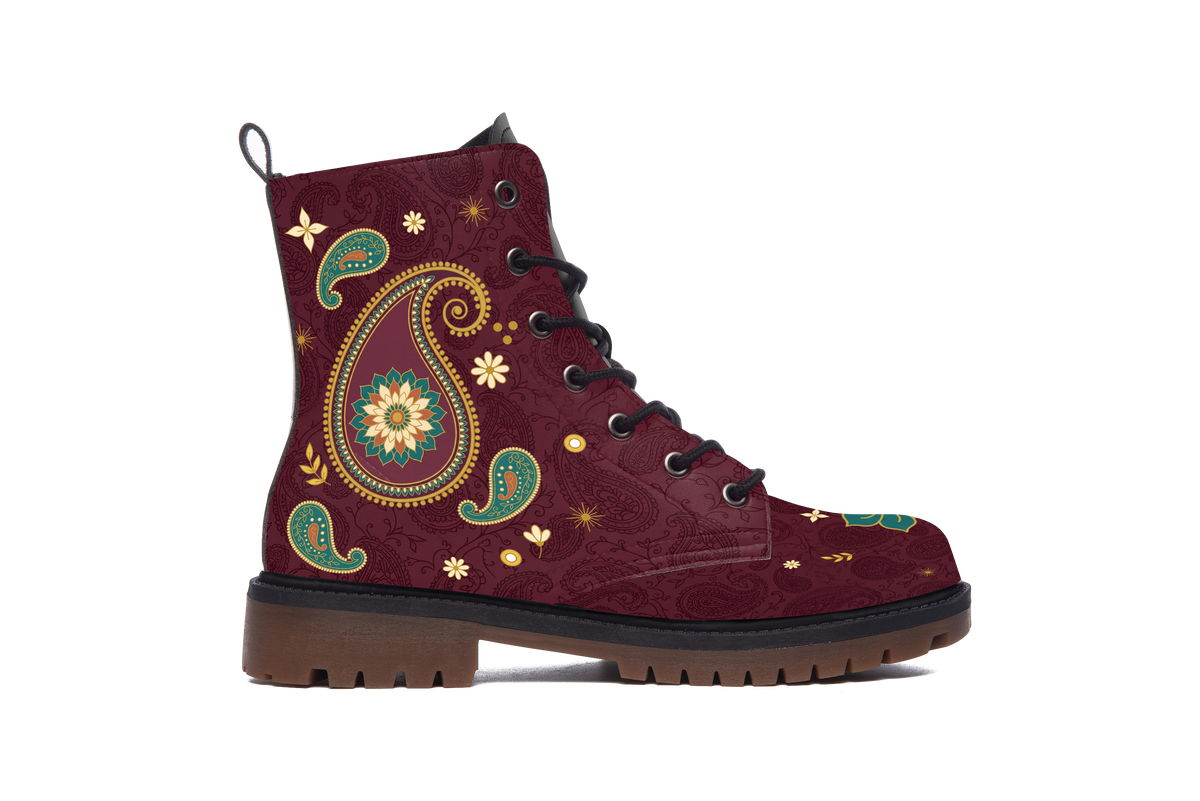 Paisley Leather Boots outer side of the left boot: teal and gold paisley motifs with small flowers on burgundy leather, white background