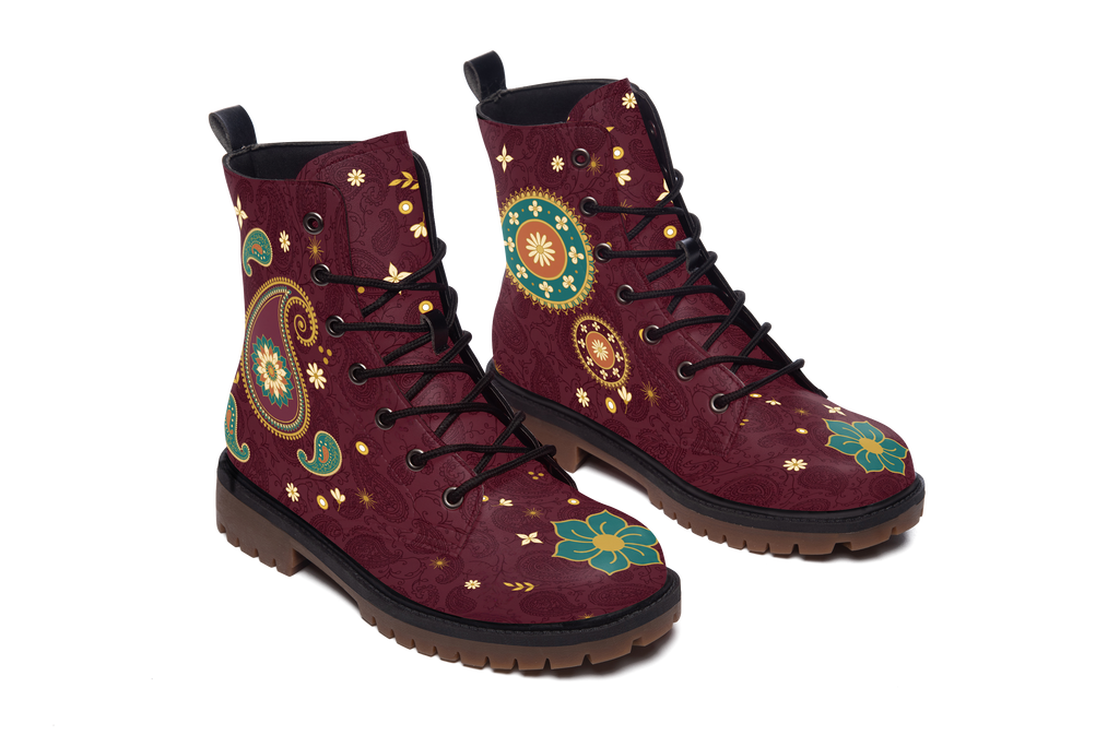 Paisley Leather Boots pair, raised three-quarter view, white background