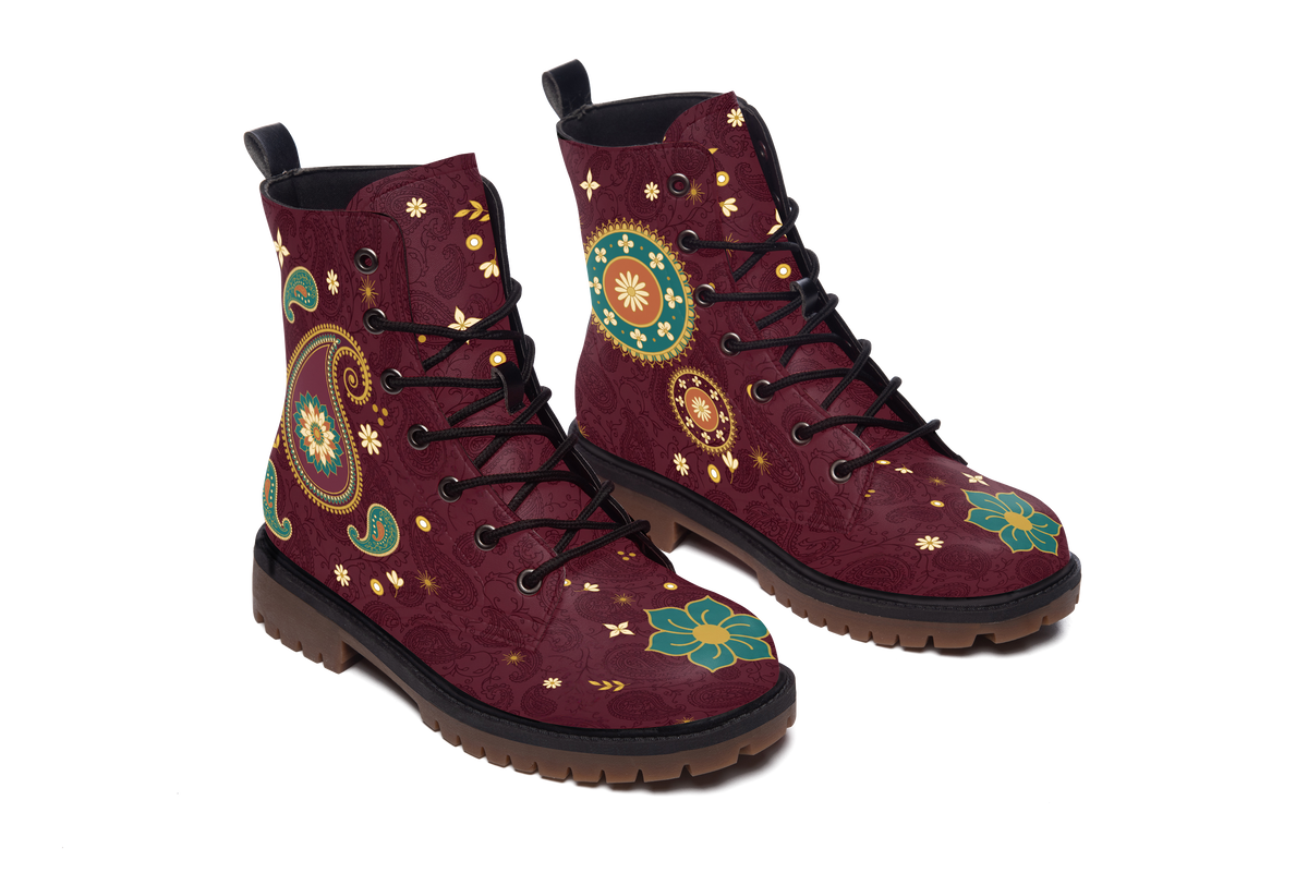 Paisley Leather Boots pair, raised three-quarter view, white background