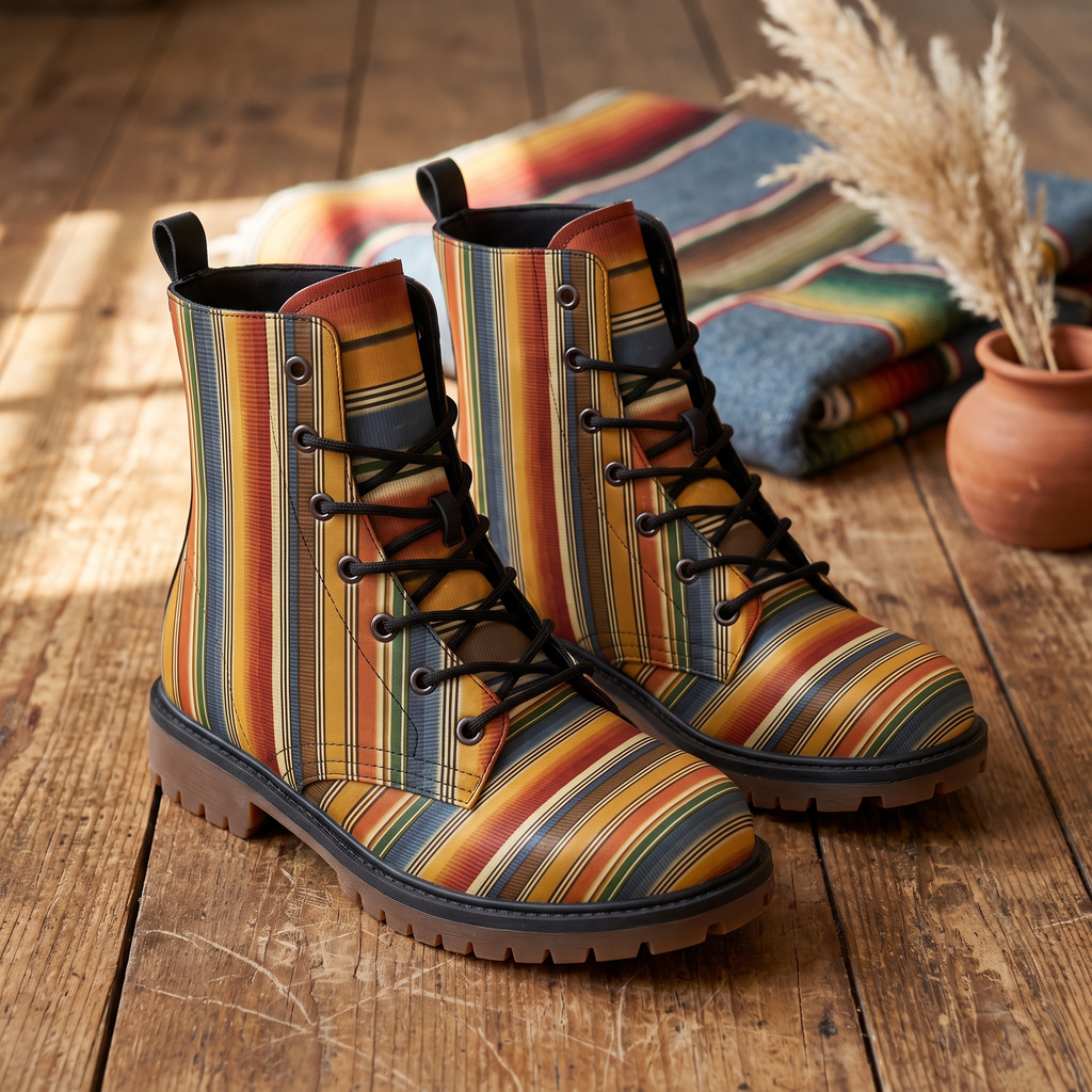 Sedona Leather Boots — styled indoors on a wood floor beside woven blankets, rust and marigold serape stripes