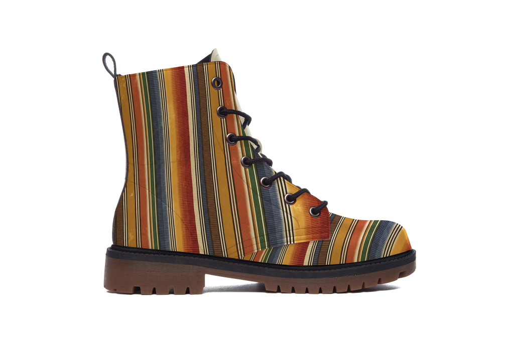 Sedona Leather Boots outer side of the left boot: serape stripes in rust, mustard, teal and cream, white background
