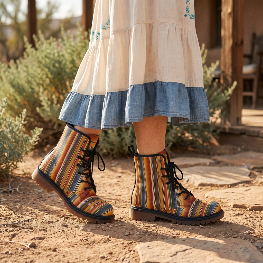 Sedona Leather Boots — worn on foot by a woman in a desert courtyard, serape stripe design with black laces