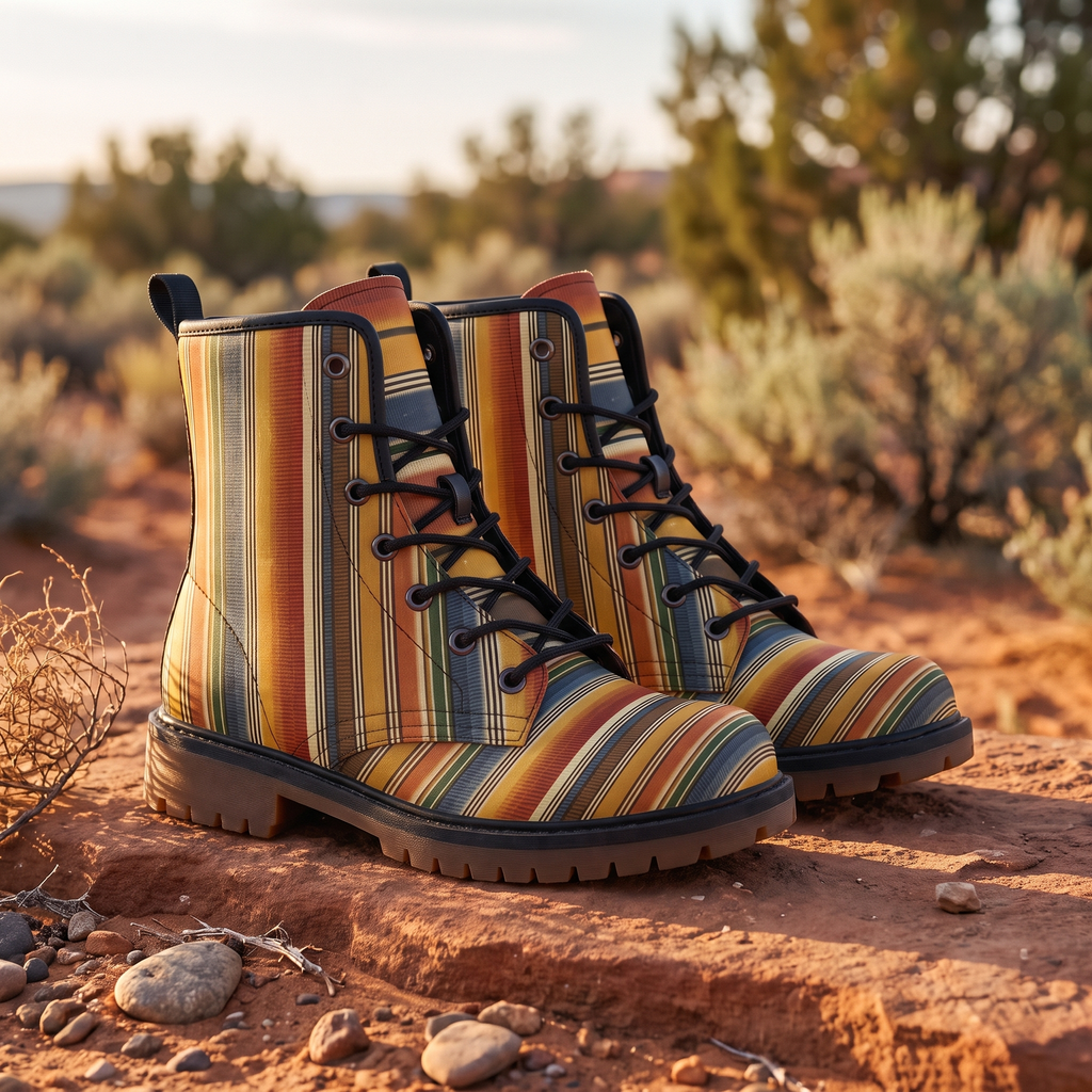 Sedona Leather Boots — outdoors on red desert rock at golden hour, serape stripe design with gum-brown lug sole