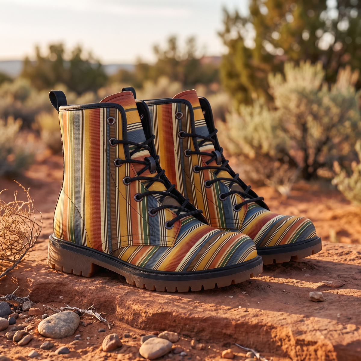Sedona Leather Boots — outdoors on red desert rock at golden hour, serape stripe design with gum-brown lug sole