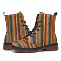 Sedona Leather Boots — pair shown from both sides on a white background, vertical serape stripes in rust, marigold, denim blue, green and cream