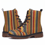 Sedona Leather Boots — pair shown from both sides on a white background, vertical serape stripes in rust, marigold, denim blue, green and cream