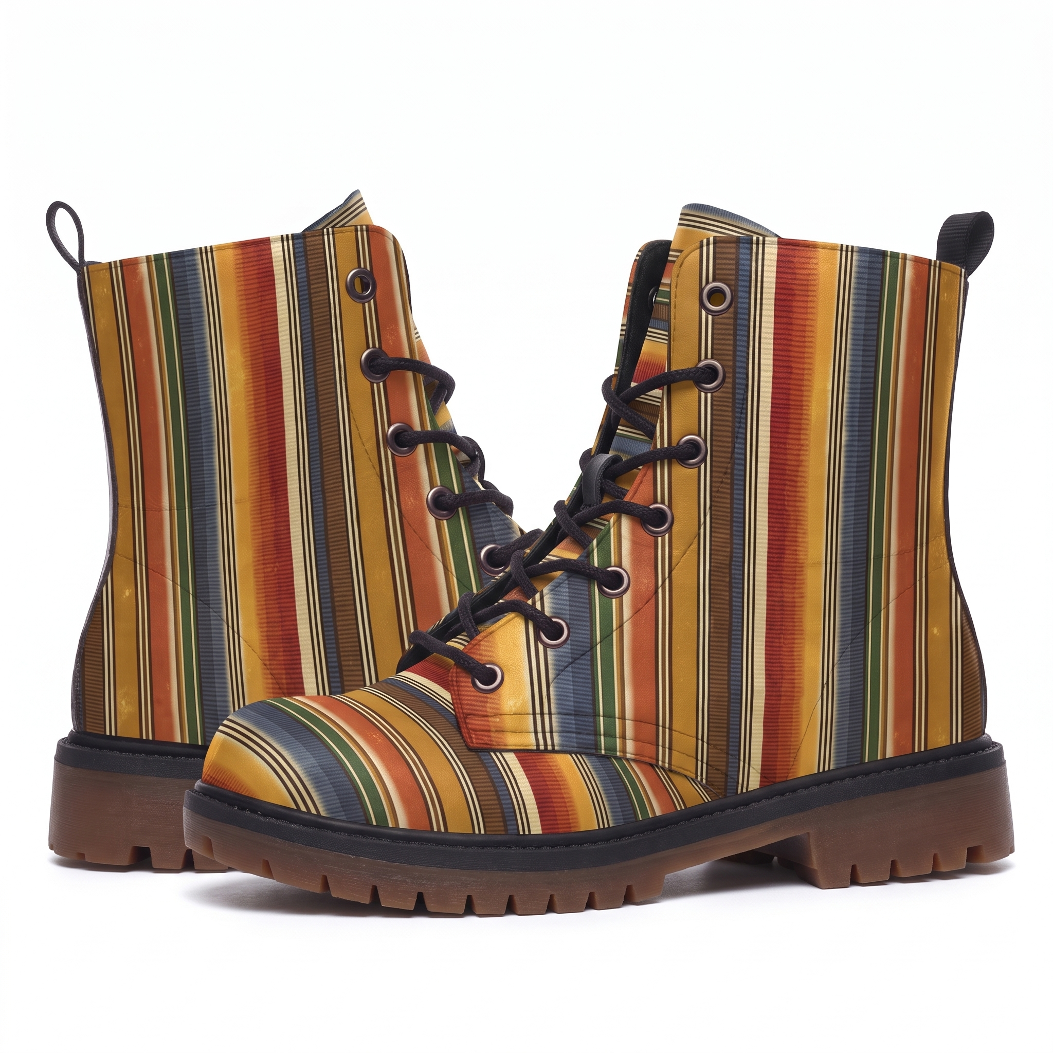 Sedona Leather Boots — pair shown from both sides on a white background, vertical serape stripes in rust, marigold, denim blue, green and cream