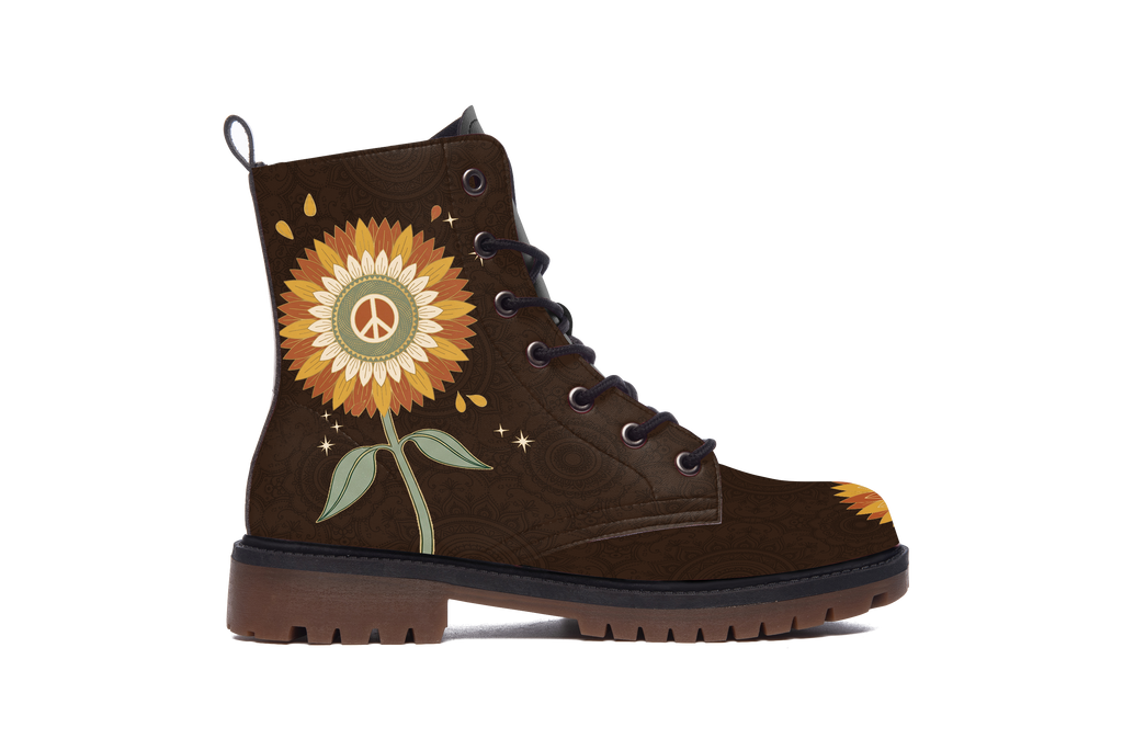 Sunny Leather Boots outer side of the left boot: sunflower with a peace sign centre on dark brown leather, white background