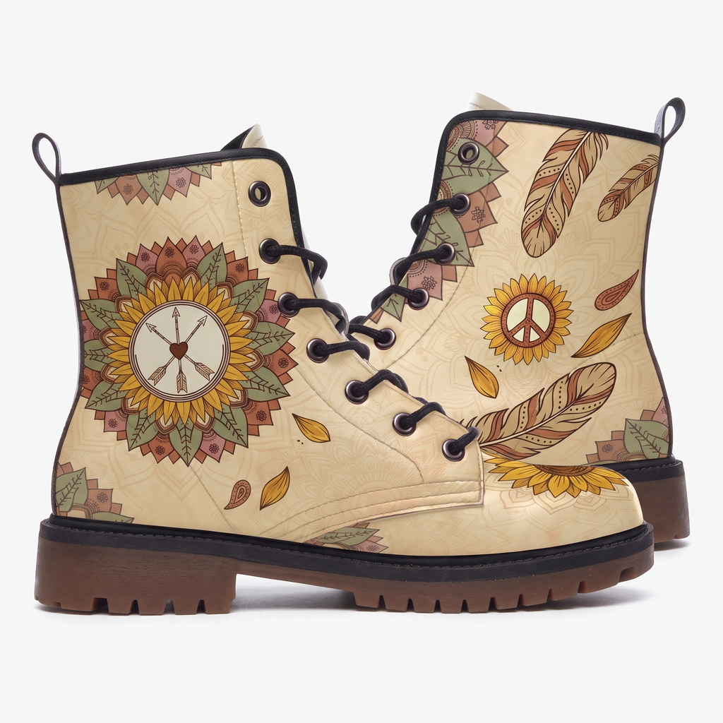 Joni Leather Boots — pair on white, one boot showing the arrow-and-heart sunflower mandala, the other boho feathers and a peace-sign sunflower on cream