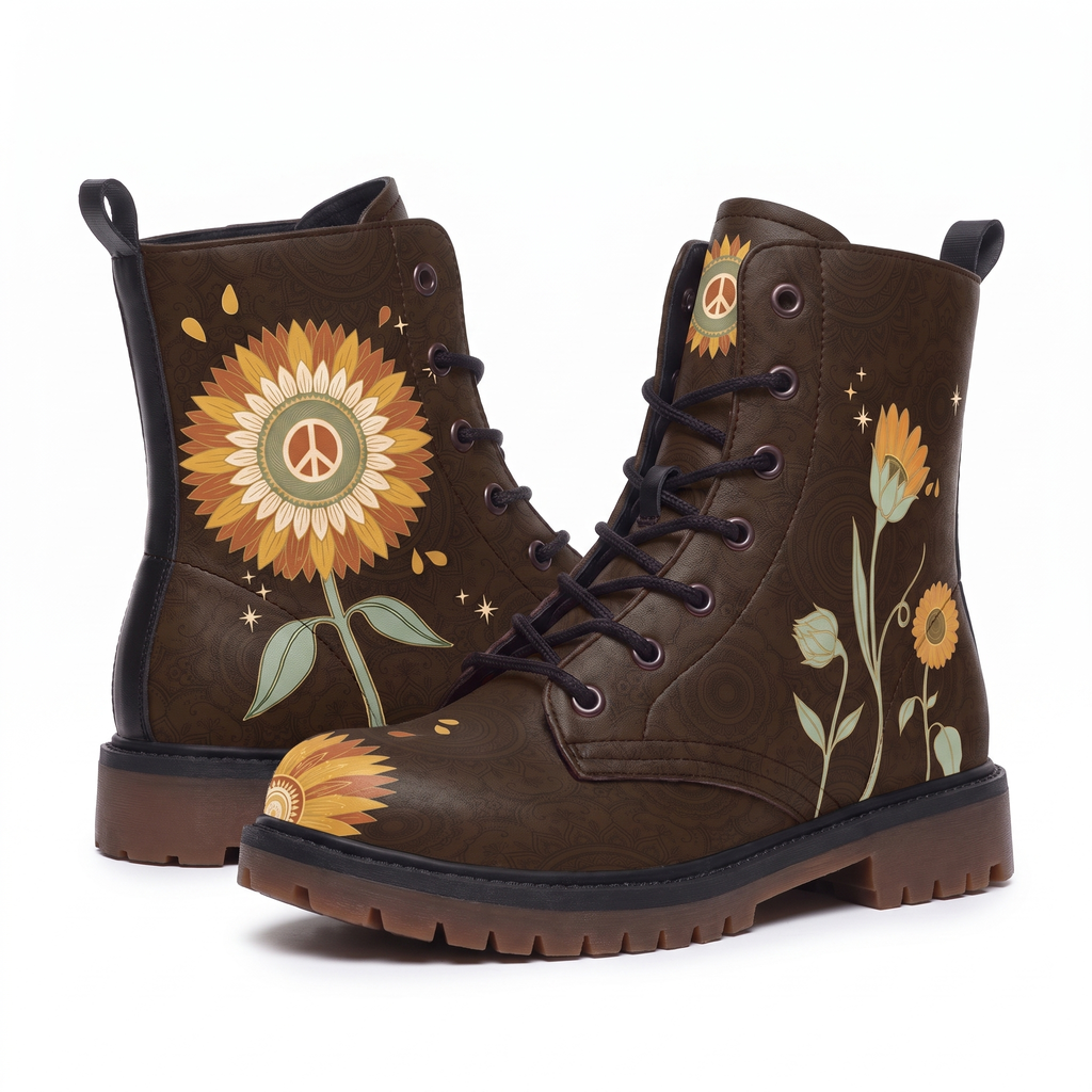 Sunny Leather Boots — the pair on a plain white background from both faces, a large rust and gold sunflower with a cream peace sign at the middle on one boot, slim sage-stemmed blooms on the other, dark chocolate brown upper