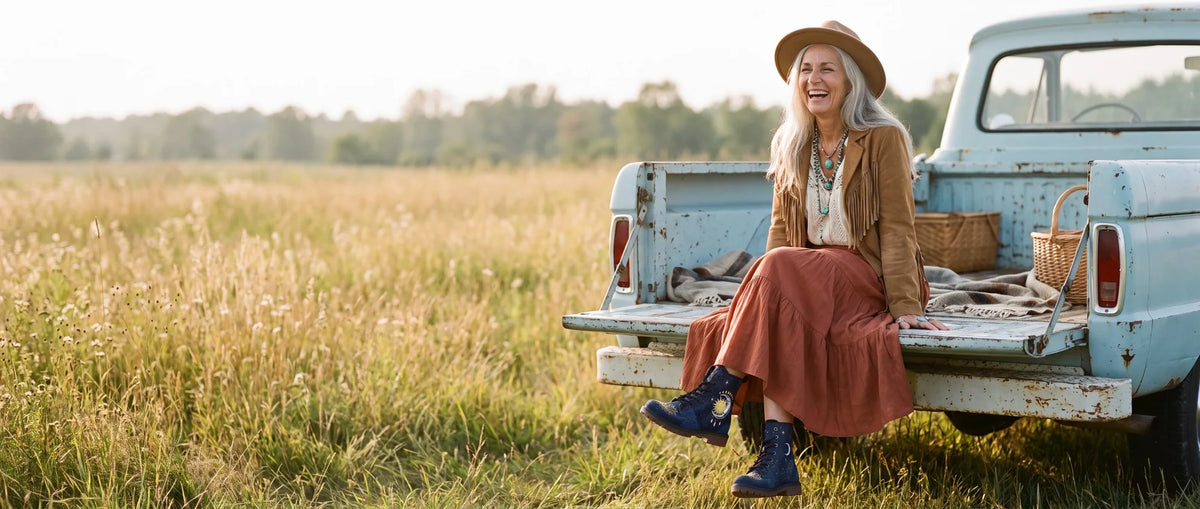 A laughing woman with long silver hair and a felt hat sits on the tailgate of a vintage pickup in a golden meadow, wearing navy Celeste boots with a sun and moon