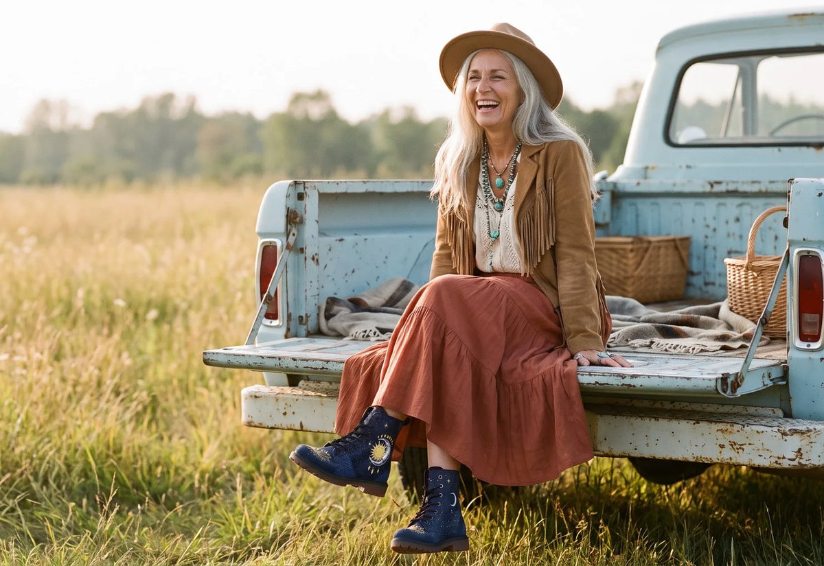 A laughing woman with long silver hair in a felt hat and fringed suede jacket sits on a pickup tailgate in a meadow, wearing navy Celeste boots