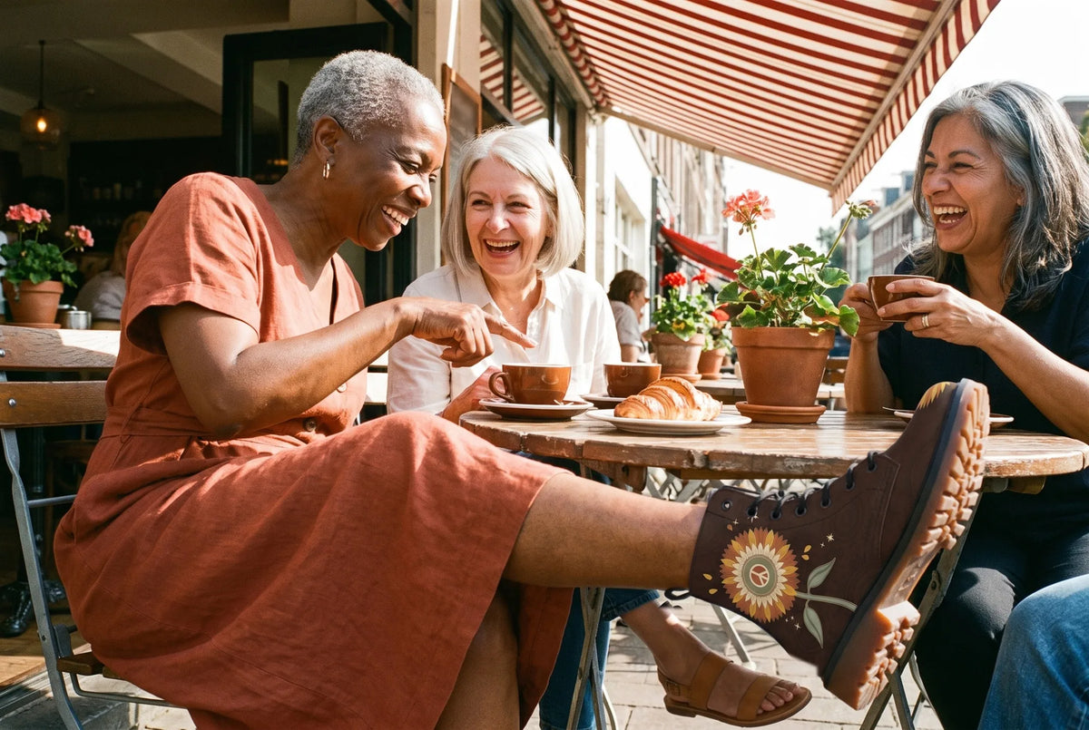 Three women laugh at a sunny cafe table as one lifts her foot to show off her brown Sunny boot with a sunflower