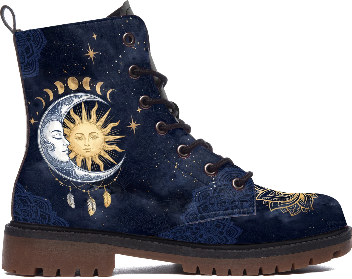 Side view of the navy Celeste boot with its chunky gum sole