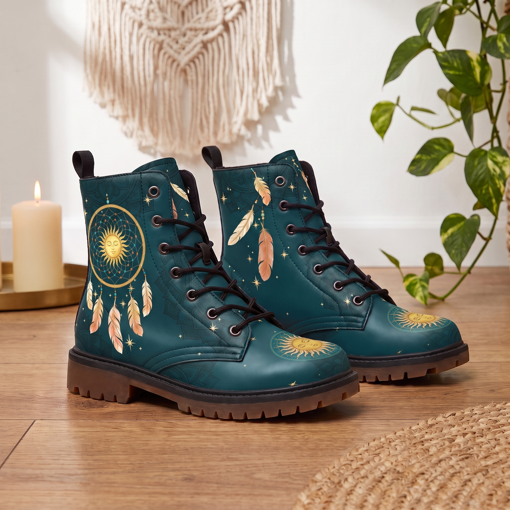 Willow Leather Boots — styled indoors on a wood floor, teal boots with gold dreamcatcher, hanging feathers and a sun face at the toe