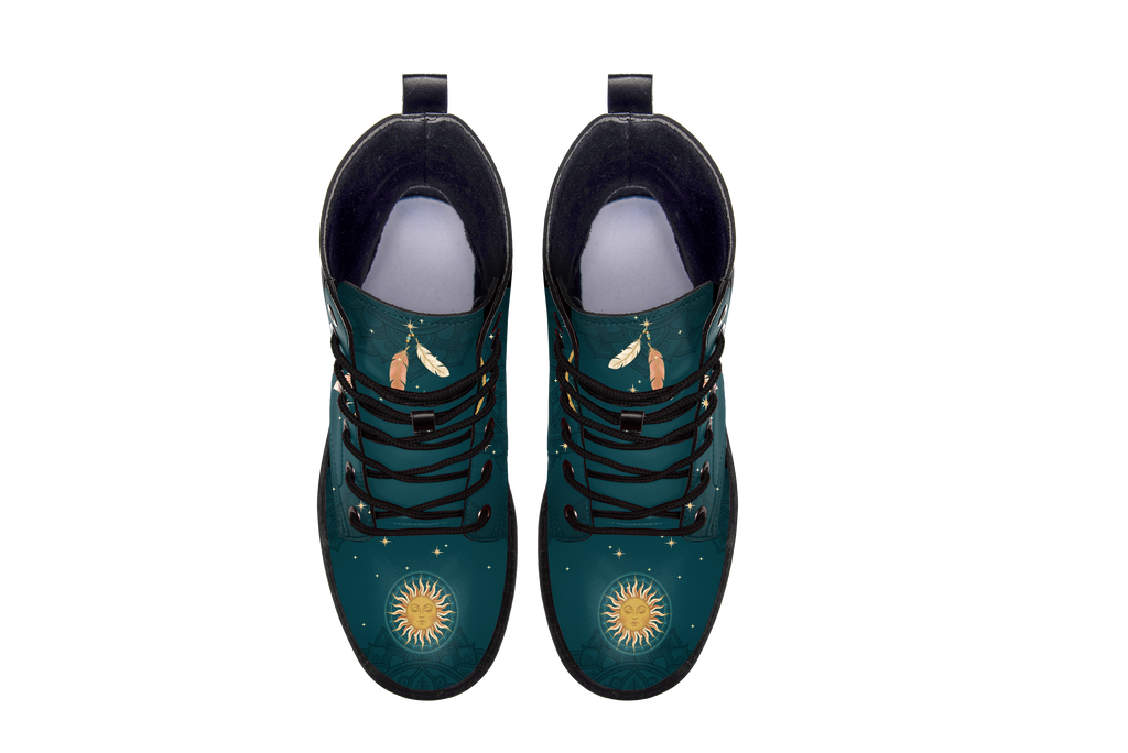 Willow Leather Boots pair, top-down view showing the toe artwork, white background