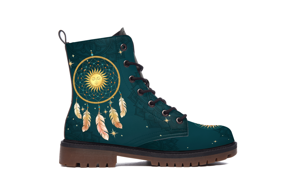 Willow Leather Boots outer side of the left boot: golden sun dreamcatcher with hanging feathers on teal leather, white background