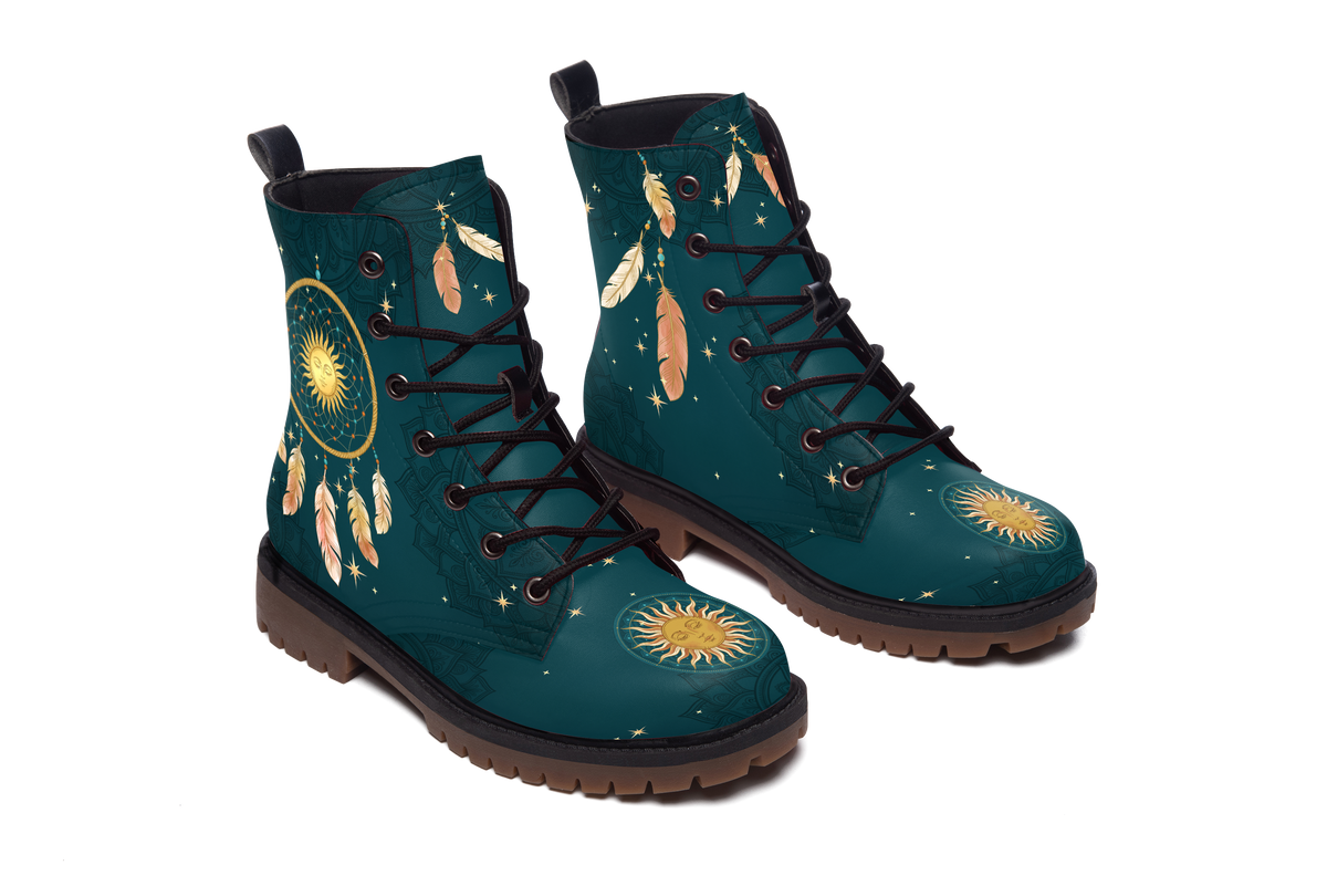 Willow Leather Boots pair, raised three-quarter view, white background