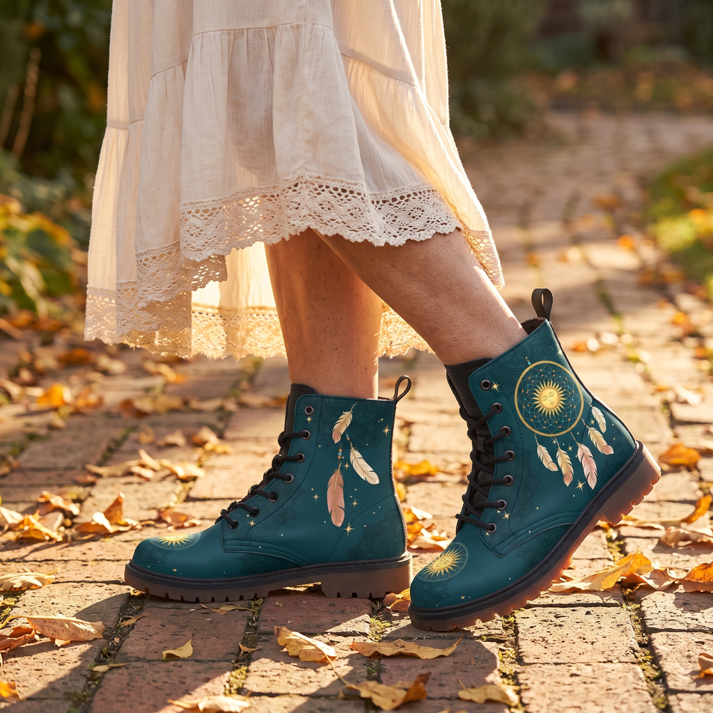Willow Leather Boots — worn by a woman on an autumn brick path, gold dreamcatcher and blush feathers on deep teal