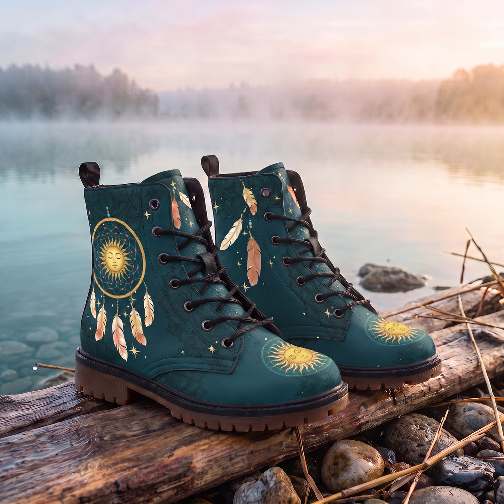 Willow Leather Boots — outdoors by a misty lake, deep teal upper with gold sun-face medallion at the toe and gum-brown lug sole
