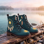 Willow Leather Boots — outdoors by a misty lake, deep teal upper with gold sun-face medallion at the toe and gum-brown lug sole