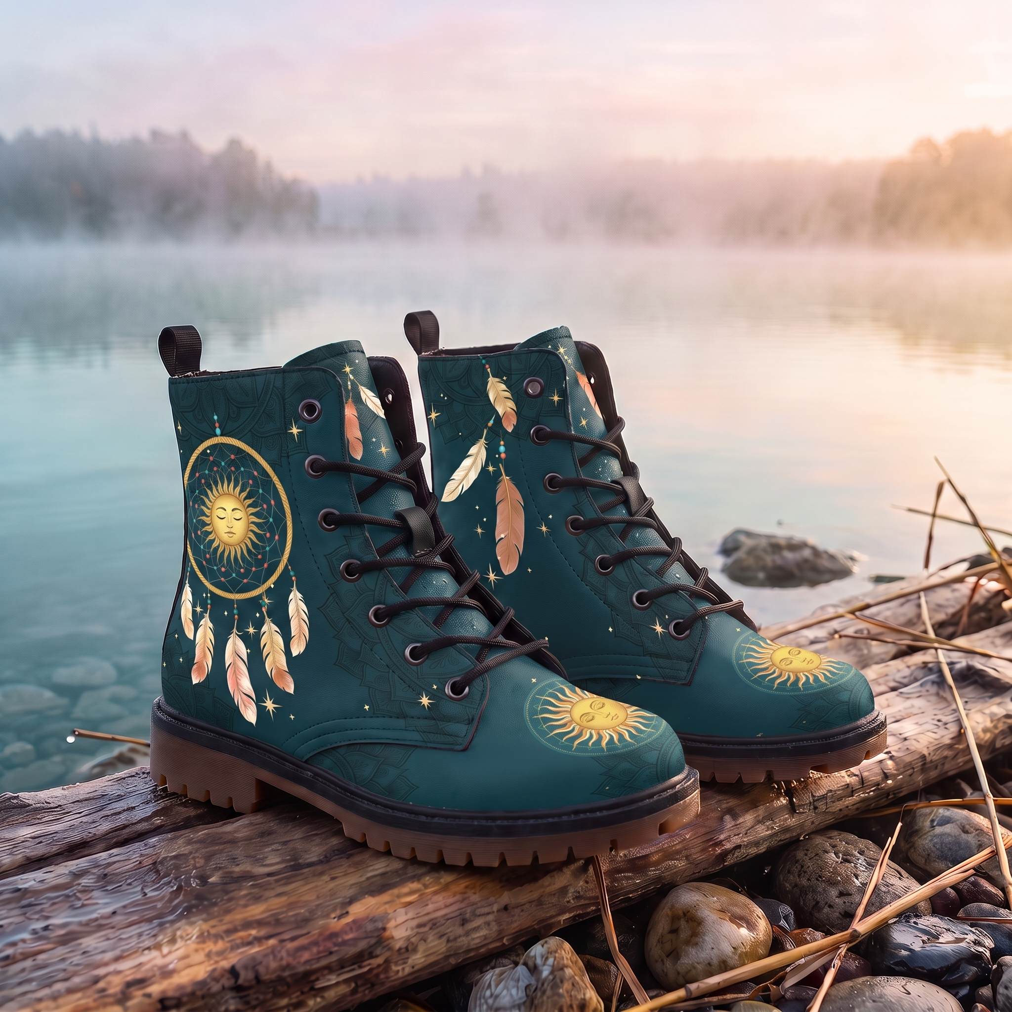 Willow Leather Boots — outdoors by a misty lake, deep teal upper with gold sun-face medallion at the toe and gum-brown lug sole