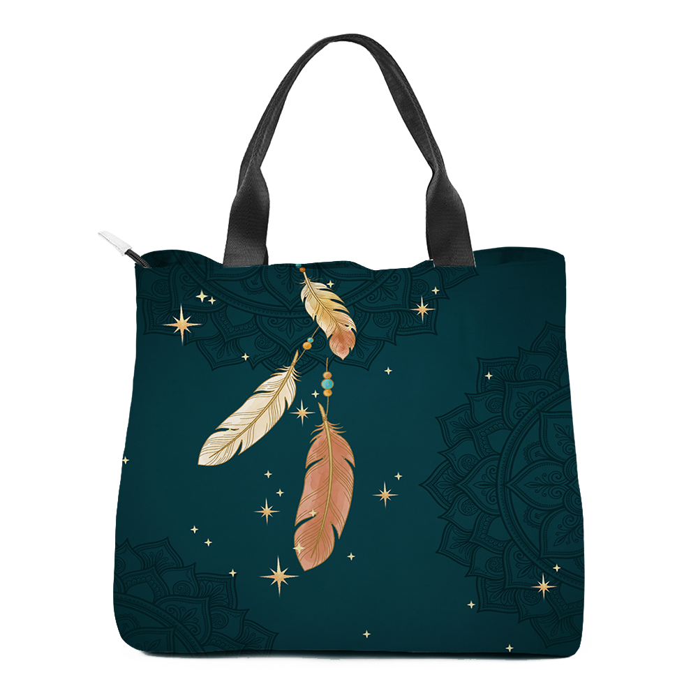 Willow tote bag reverse face: no hoop and no sun, only pale gold and blush feathers hanging on beaded threads across open deep teal, gold sparks and stars scattered around them and tone-on-tone lace mandalas printed into the ground; black webbing handles above and a pale zip pull at the top left corner.