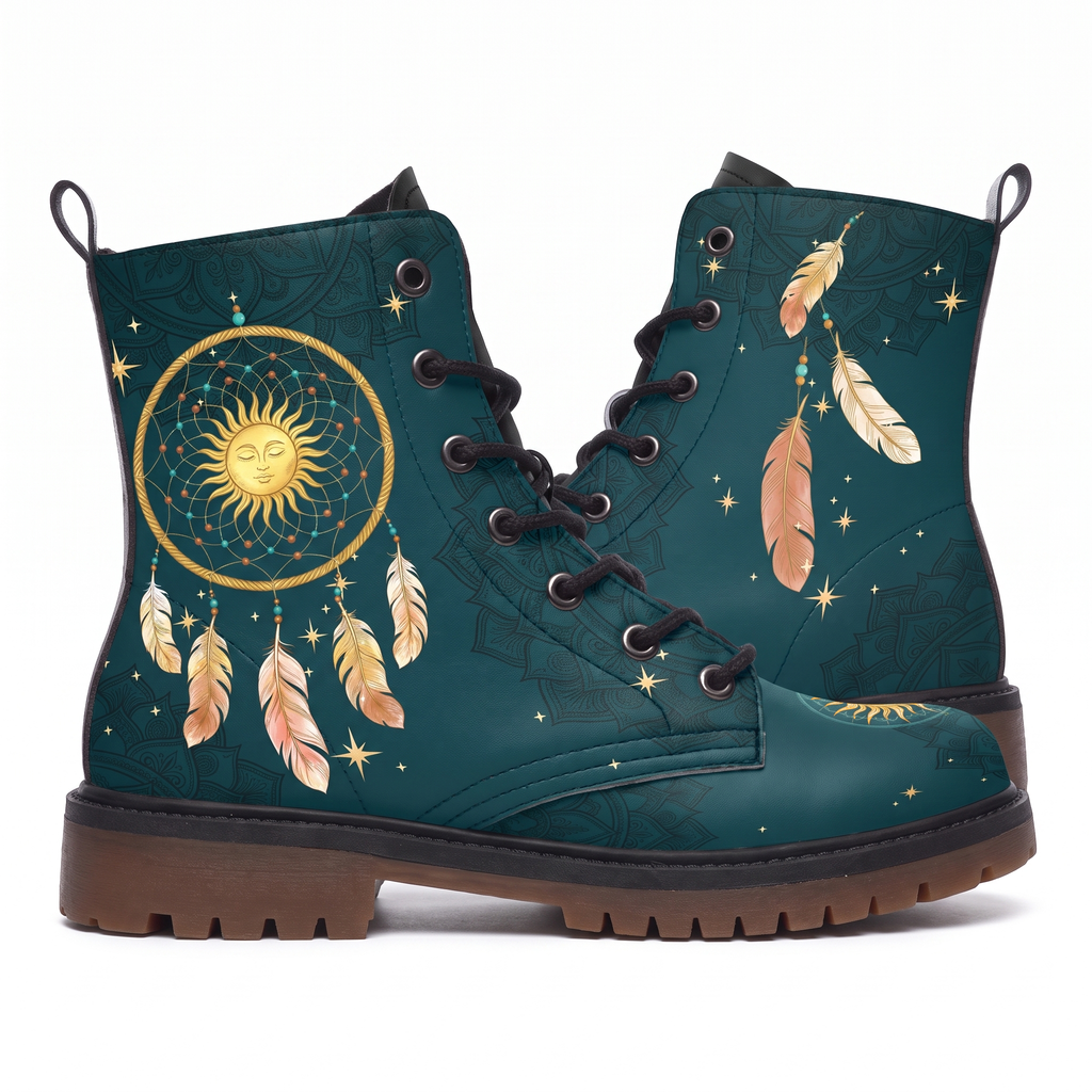 Willow Leather Boots — pair shown from both sides on a white background, gold dreamcatcher with a sleeping sun face on deep teal