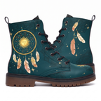 Willow Leather Boots — pair shown from both sides on a white background, gold dreamcatcher with a sleeping sun face on deep teal